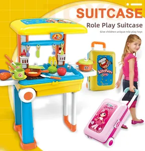 Kids play house kitchen set transforming from toy suitcase into cooking workstation