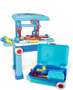 Kids doctor play set with medical tools inside a blue portable trolley suitcase