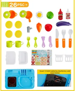 Detailed flat lay of 26pcs kids kitchen playset including pots, pans and utensils