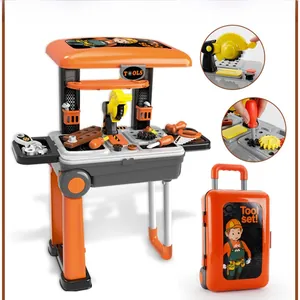 Kids orange toy toolbox with foldable workbench and plastic tools in a suitcase