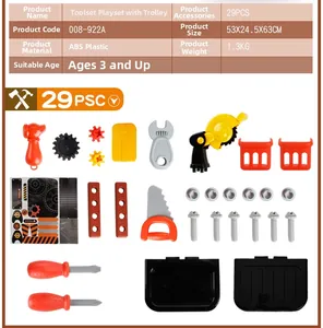 Detailed overview of 29-piece kids tool set inside portable rolling suitcase toy