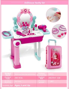 Detailed view of kids vanity play set with pink rolling suitcase and 19 pieces accessories