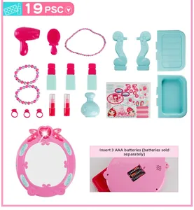 Macro view of 19pcs pretend play makeup kit featuring light-up heart mirror and pink tools