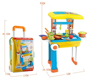 Kids kitchen toy set showing 2-in-1 trolley case dimensions and cooking setup