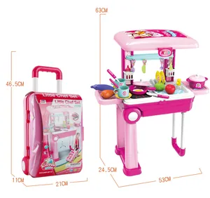 Detail view of pink 2-in-1 kids kitchen set showing trolley case and playset dimensions