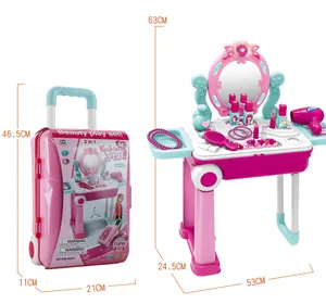 Detailed size chart of kids pink vanity trolley toy showing open and closed dimensions
