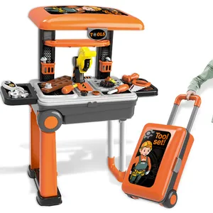 Kids orange portable tool set suitcase and simulation workbench for pretend play