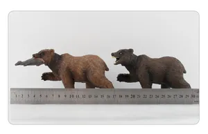 Realistic brown bear model toys with fish detail and ruler showing 16cm size