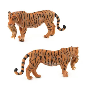 Realistic Siberian tiger figurine set with adult and cub in orange brown and black stripes
