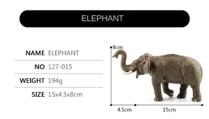 Detailed size chart and specs for realistic African Elephant toy model 15x4.5x8cm