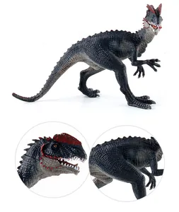 Detailed view of Dilophosaurus toy showing realistic skin scales and red crest patterns