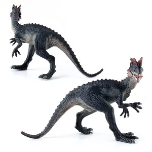 Detailed Cryolophosaurus dinosaur toy figurine with red crest shown from multiple angles