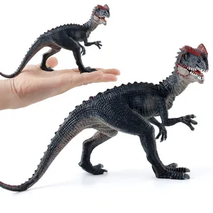 Realistic Dilophosaurus dinosaur figure with red crests and detailed black scales texture