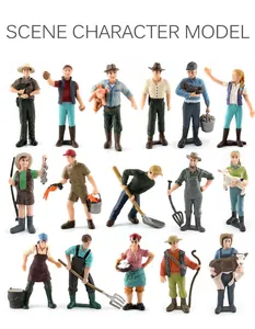 Detailed macro view of 16-piece miniature farm character models with various accessories