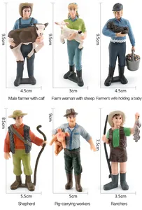 Detailed dimensions of six miniature farm worker figurines with animal models