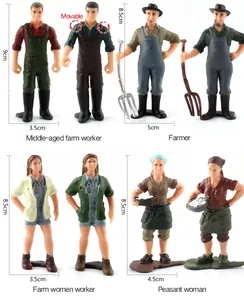 Detailed view of miniature farm worker figurines with movable joints and specific dimensions