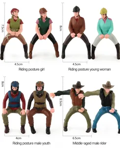 Detailed dimensions of miniature plastic equestrian figurines with four riding poses