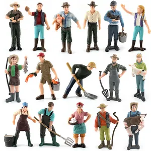 14-piece set of miniature farm worker figurines in various poses made of PVC