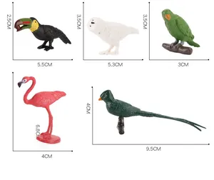 Tabla de tallas detallada para cinco mini modelos de aves como loro y flamenco