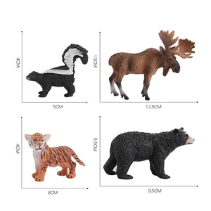 Realistic solid animal figurines set including skunk, moose, tiger cub and black bear models