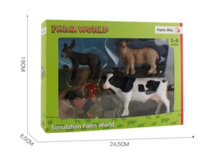 Detailed view of farm animal toy set in packaging with dimensions and product specifications
