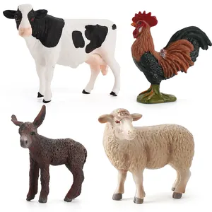 Realistic farm animal toy set featuring a cow, rooster, donkey, and sheep for kids