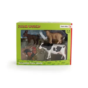 Educational farm animal playset with cow rooster sheep and donkey in window box packaging