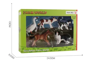 Detailed farm animal figurine set in packaging box showing dimensions 24.5x19x6.5cm