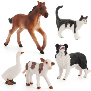 Set of 5 realistic farm animal figurines including horse, cat, dog, goose, and cow models