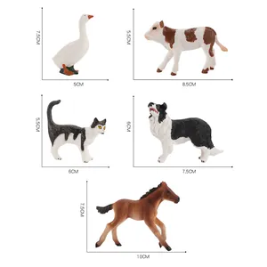 Detailed farm animal figurine set with cow horse goose and dog including size measurements