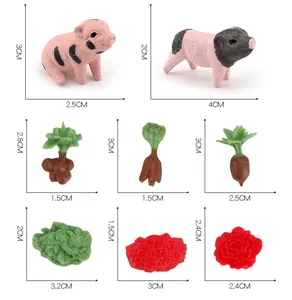 Detailansicht der Maße von Miniatur-Schweinefiguren und Gemüse für Bauernhof-Sets