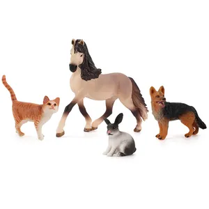 Set of four realistic farm animal figurines including a cat, horse, rabbit, and shepherd dog