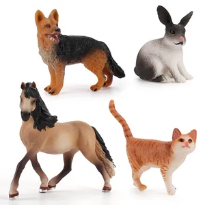 Detailed farm animal figurine set including German Shepherd, rabbit, horse, and cat