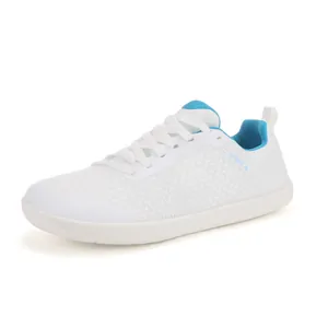 Atmungsaktiver Barfuß-Laufschuh in Weiß-Blau mit breiter Zehenbox und flexibler Sohle