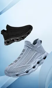 Detail of breathable knitted walking shoes with shock-absorbing hollow soles for sport