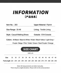 Size chart table for breathable knit slip-on sneakers showing sizes from 35 to 48