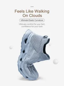 Flexible light blue knitted sneaker showing superior bending ability and cushioning