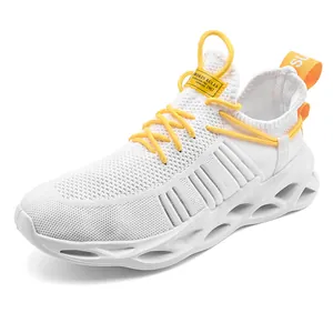 White breathable fly-knit running shoes with yellow laces and wavy hollowed sole