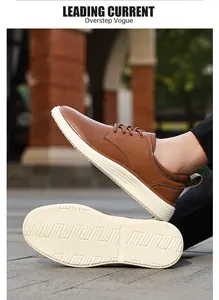 Detail view of brown leather casual oxford shoes with contrast stitching and non-slip white sole