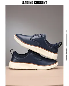 Close-up of navy blue leather casual oxfords with thick white anti-slip soles and stitching