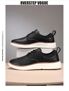 Detail of casual leather oxford shoes with stitching, white thick soles, and heel pull tabs