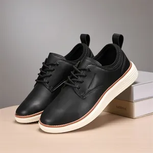 Detail of black faux leather casual oxford shoes featuring thick white soles and pull tabs