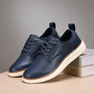 Detailed side view of navy casual oxford shoe with white rubber sole and lace-up design