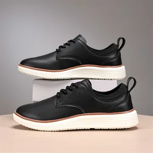Men's casual black leather oxford shoes with thick white rubber soles and lace-up closure