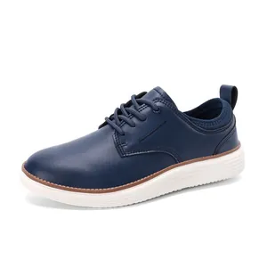 Men's navy casual leather oxford shoes featuring a thick white rubber sole and round laces