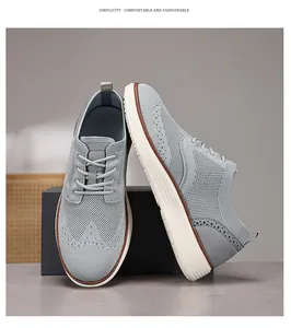 Detailansicht grauer Fly-Woven-Oxford-Sneaker mit Brogue-Muster und weißer dicker Sohle