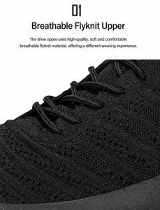 Détail macro du tissu mesh respirant Fly-Knit sur baskets de sport noires légères