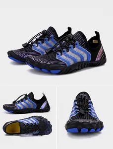 Detail of black blue quick-dry water shoes with breathable mesh and bungee laces
