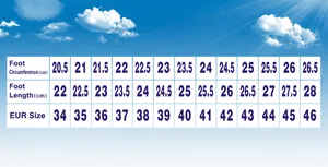 Λεπτομερές διάγραμμα μεγεθών για πλεκτά παπούτσια με μήκος και πλάτος ποδιού σε EUR
