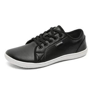 Men's minimalist black leather barefoot casual shoes with white fashion rubber sole